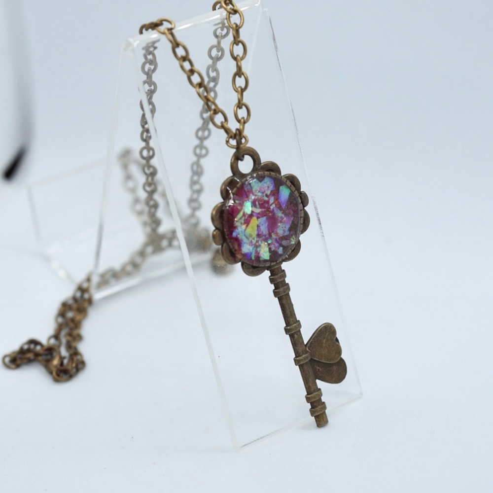 Bronze Antique Gold Key Necklace Resin Pink